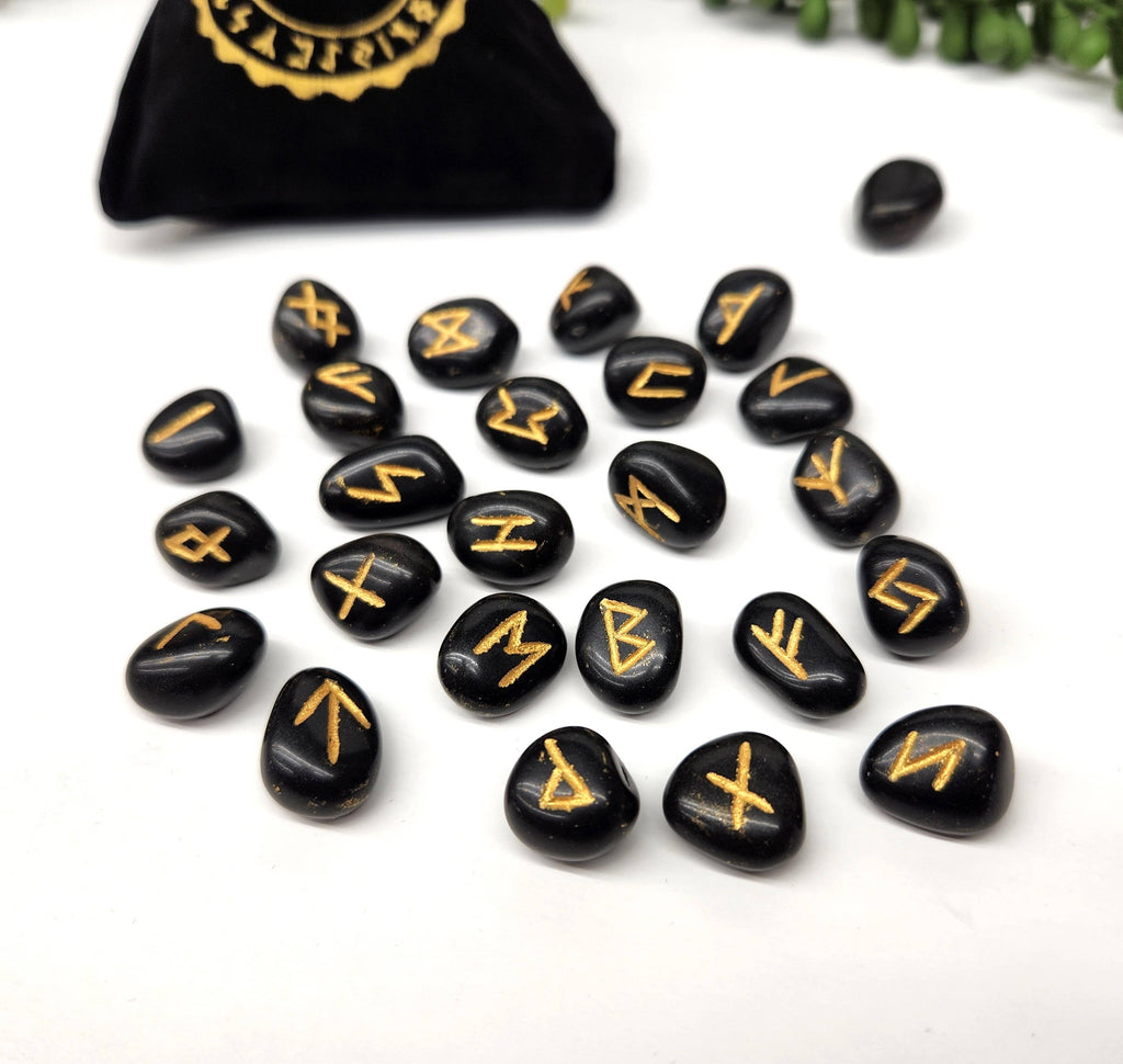Black Agate Rune Sets with Velvet Pouch and Grid: Rune Sets with Velvet Pouch Only