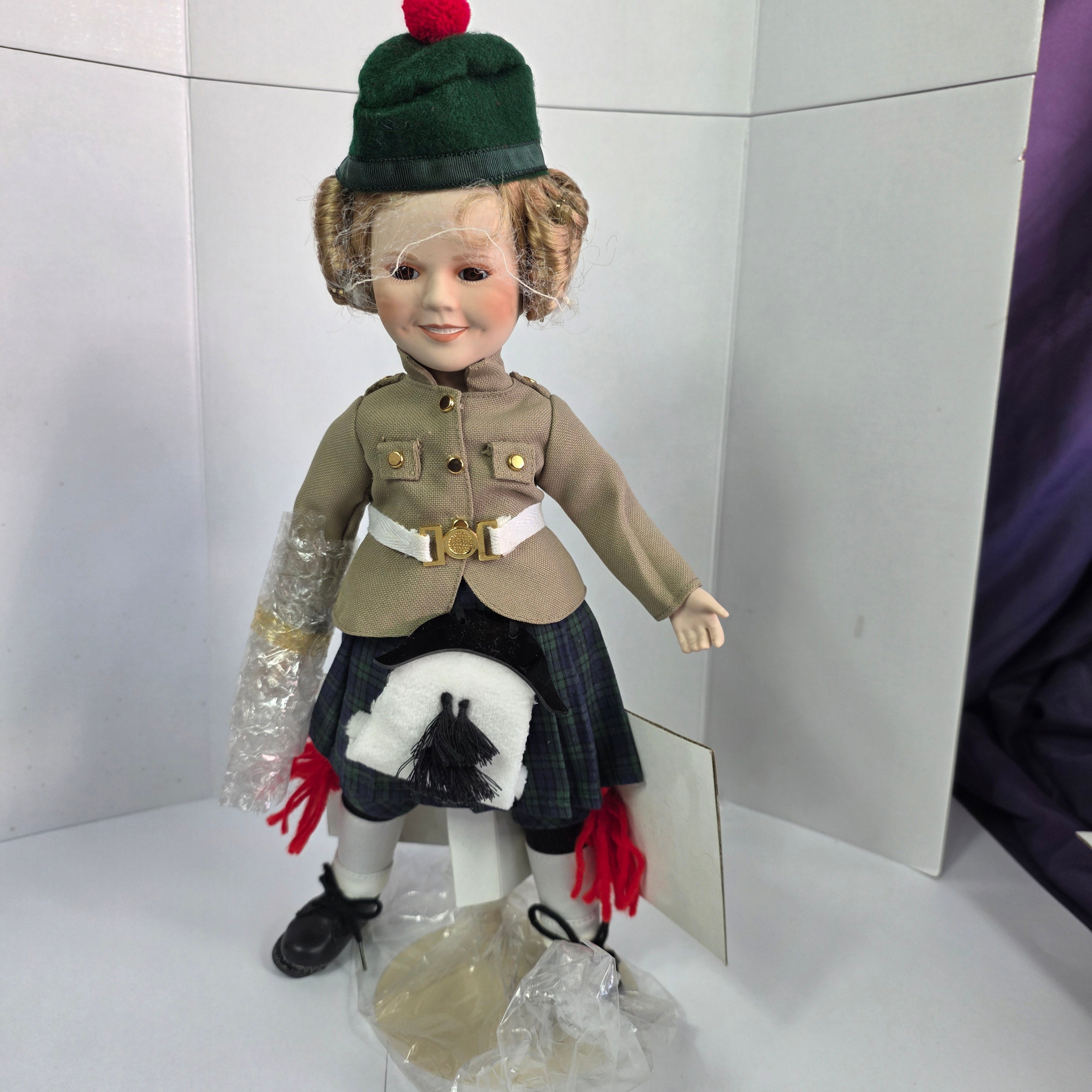 Danbury Mint Shirley Temple Wee Willie Winkie doll in Scottish Highland costume