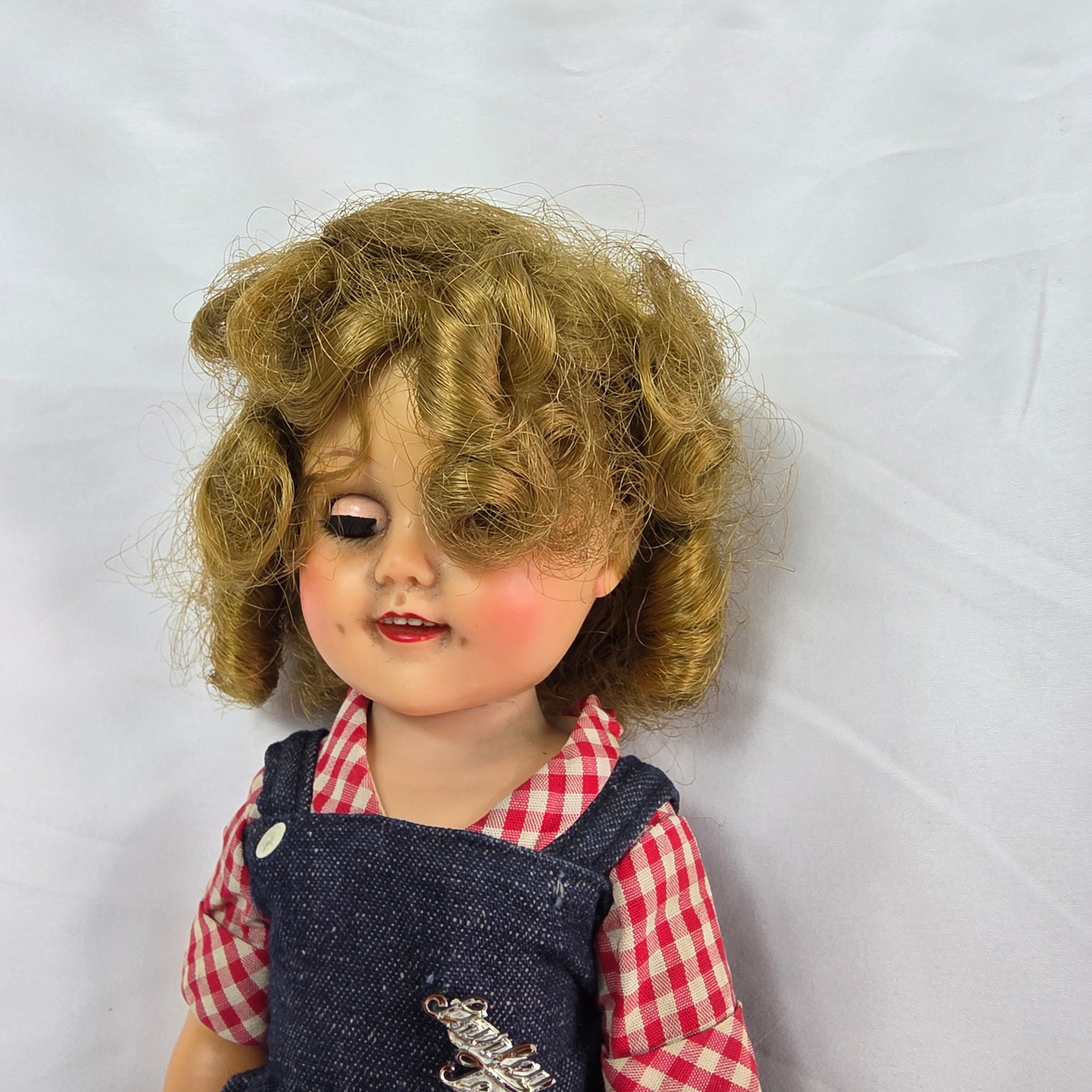 Vintage 1950s Hard Plastic Girl Doll — Red Gingham & Denim Jumper
