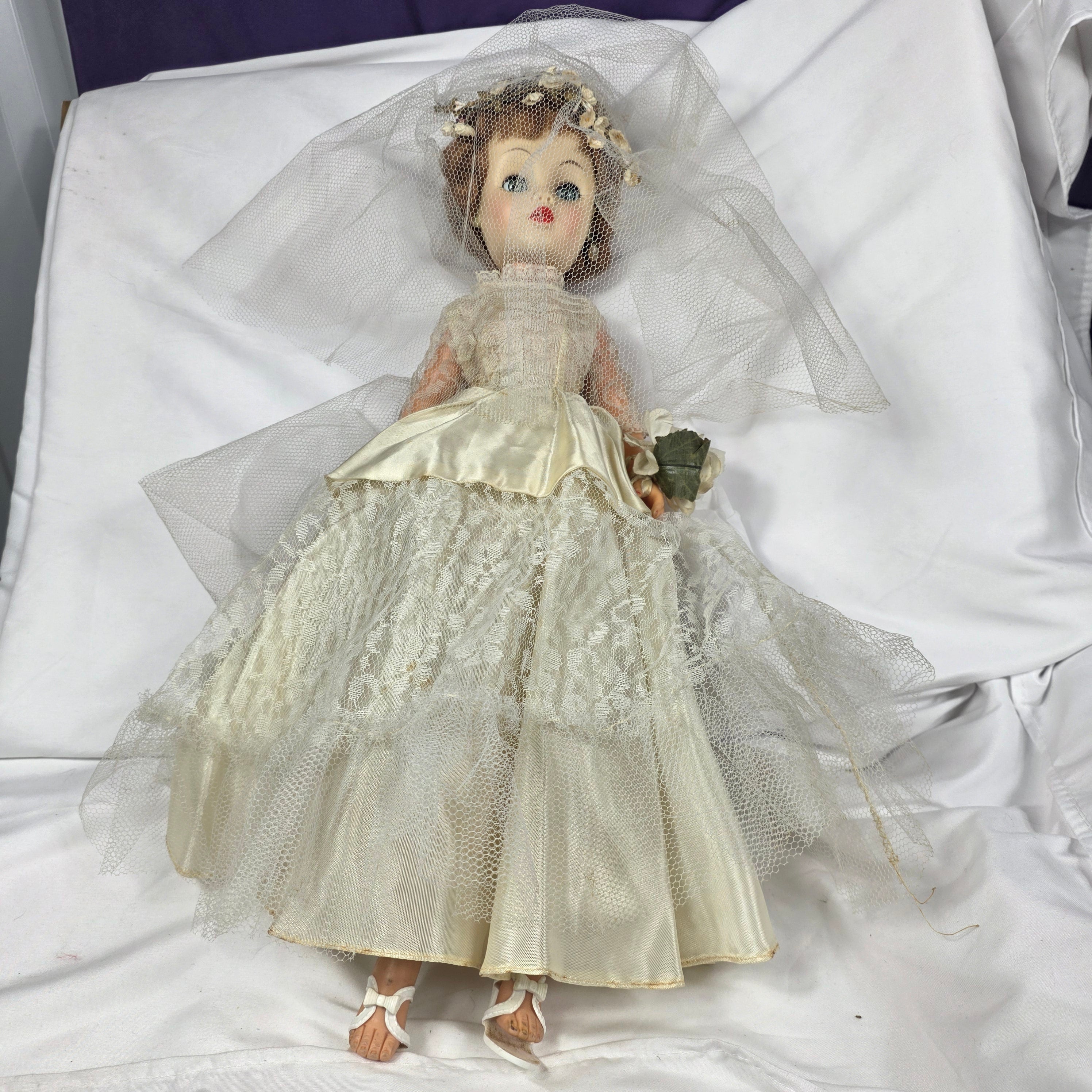 Vintage Bride Doll — 1950s Hard Plastic with Lace Gown & Veil