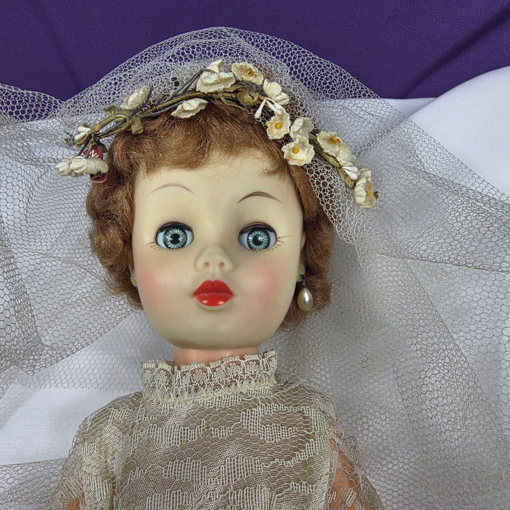 Vintage Bride Doll — 1950s Hard Plastic with Lace Gown & Veil