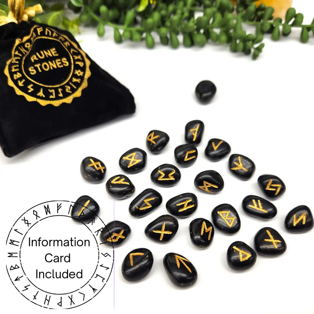 Black Agate Rune Sets with Velvet Pouch and Grid: Rune Sets with Velvet Pouch Only