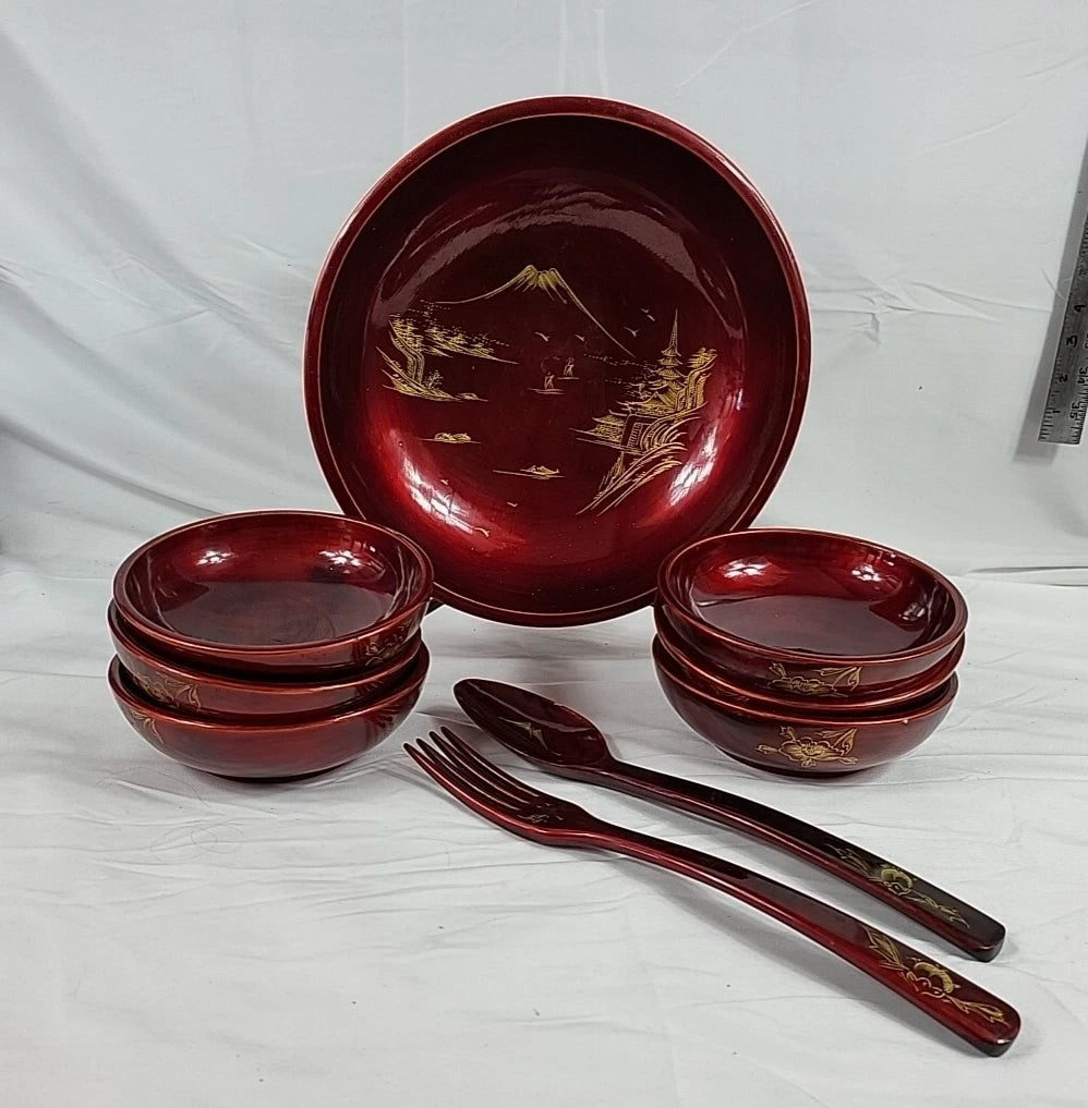 Vintage Japanese Lacquerware Salad Bowl Set — Mount Fuji & Peony Gold Inlay
