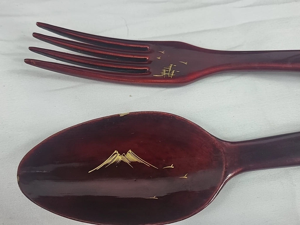 Vintage Japanese Lacquerware Salad Bowl Set — Mount Fuji & Peony Gold Inlay