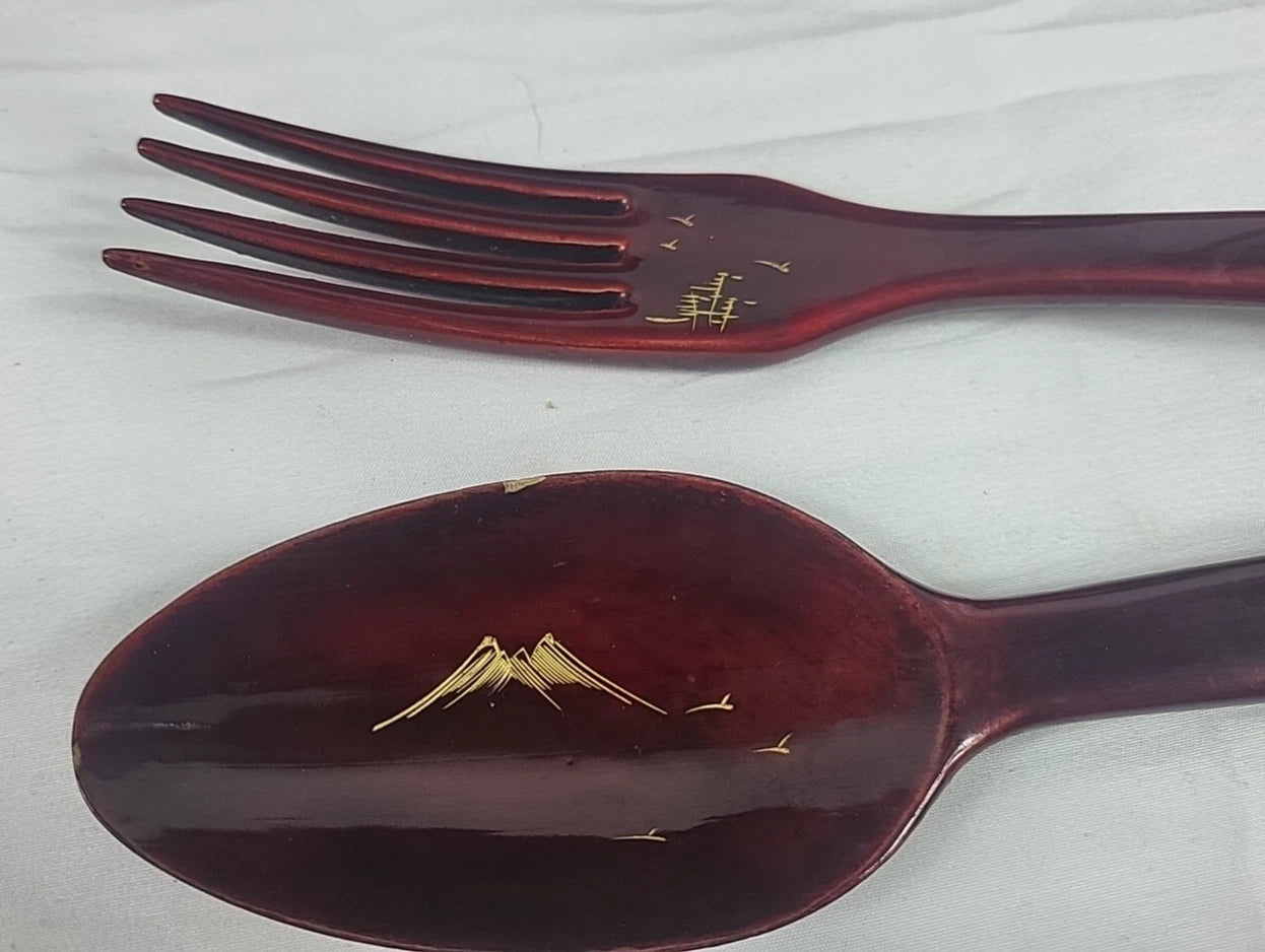 Vintage Japanese Lacquerware Salad Bowl Set — Mount Fuji & Peony Gold Inlay