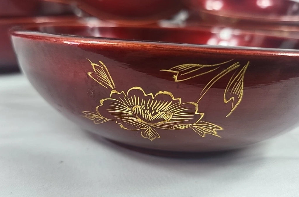 Vintage Japanese Lacquerware Salad Bowl Set — Mount Fuji & Peony Gold Inlay