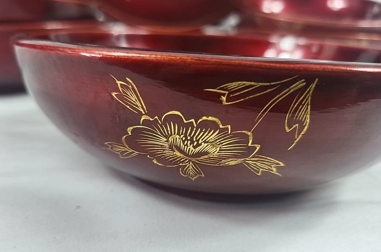 Vintage Japanese Lacquerware Salad Bowl Set — Mount Fuji & Peony Gold Inlay