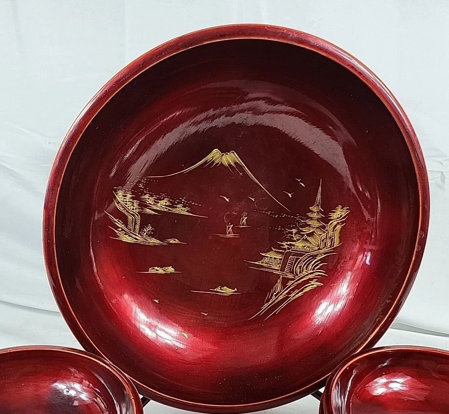 Vintage Japanese Lacquerware Salad Bowl Set — Mount Fuji & Peony Gold Inlay