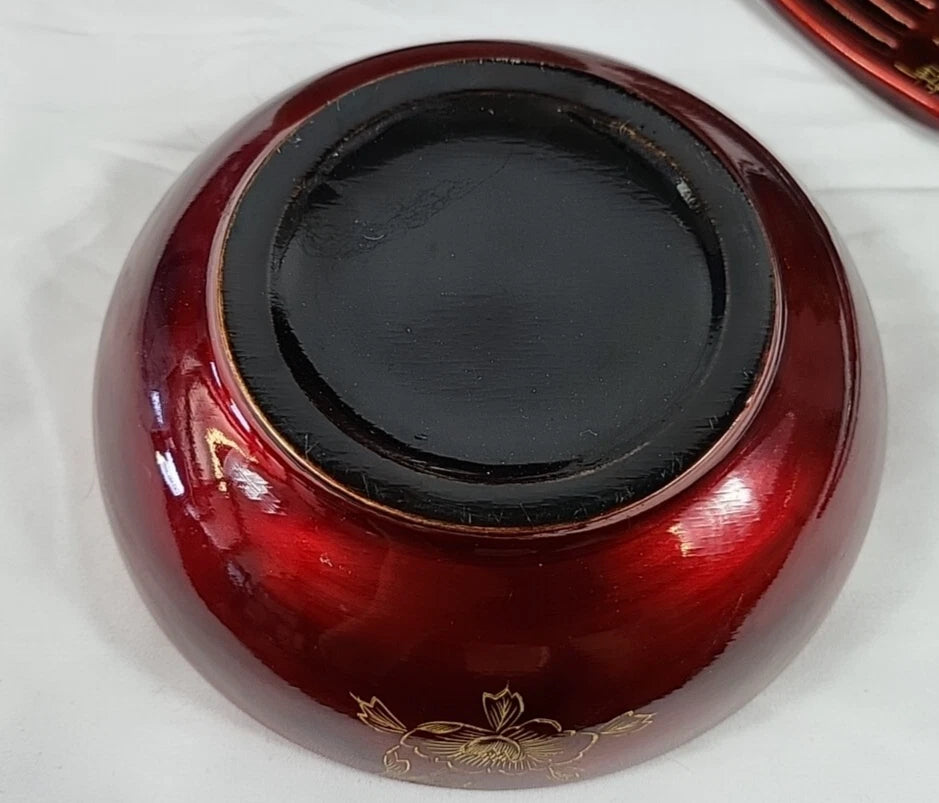Vintage Japanese Lacquerware Salad Bowl Set — Mount Fuji & Peony Gold Inlay