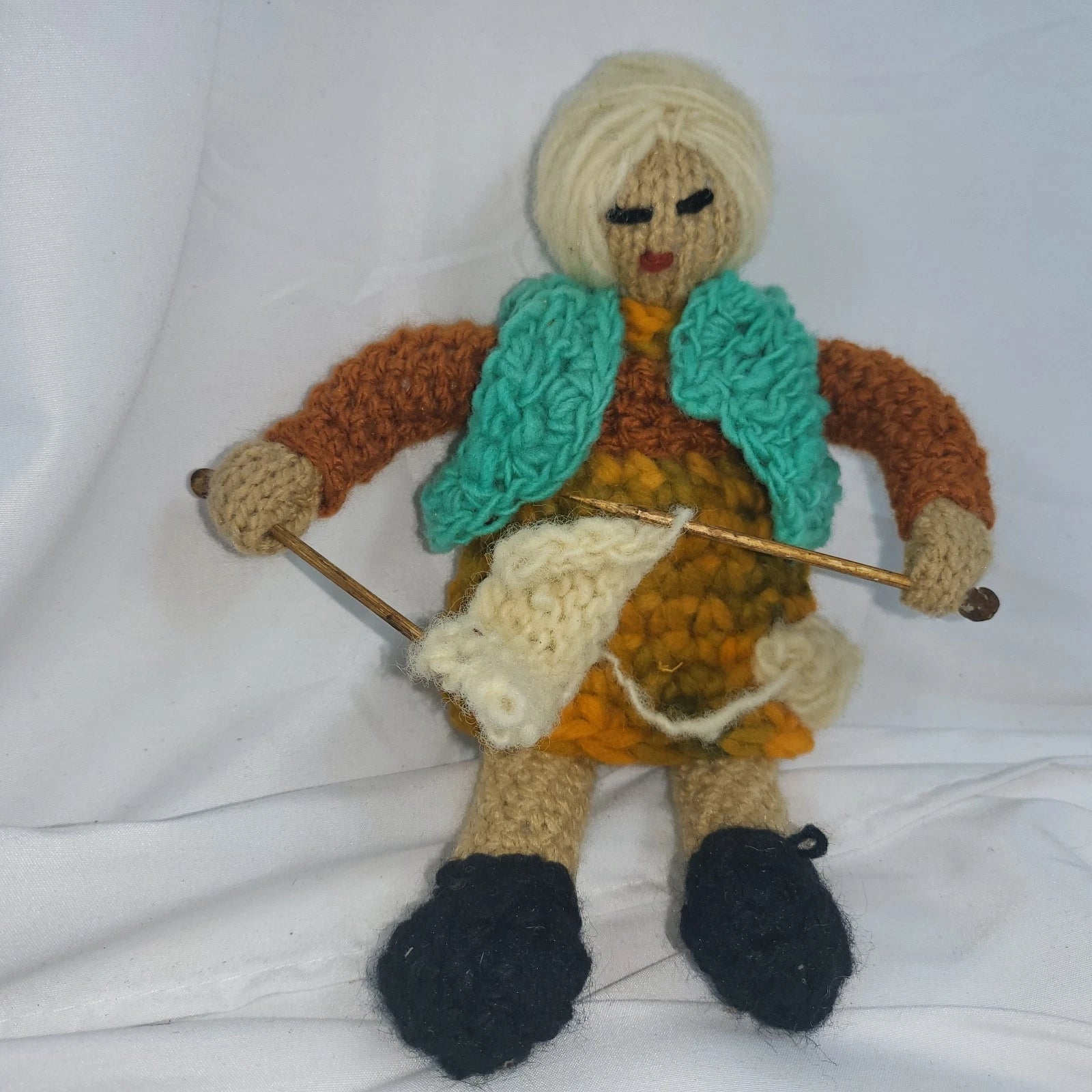 Handmade Folk Art Knitting Grandmother Doll — Vintage Crone Figure