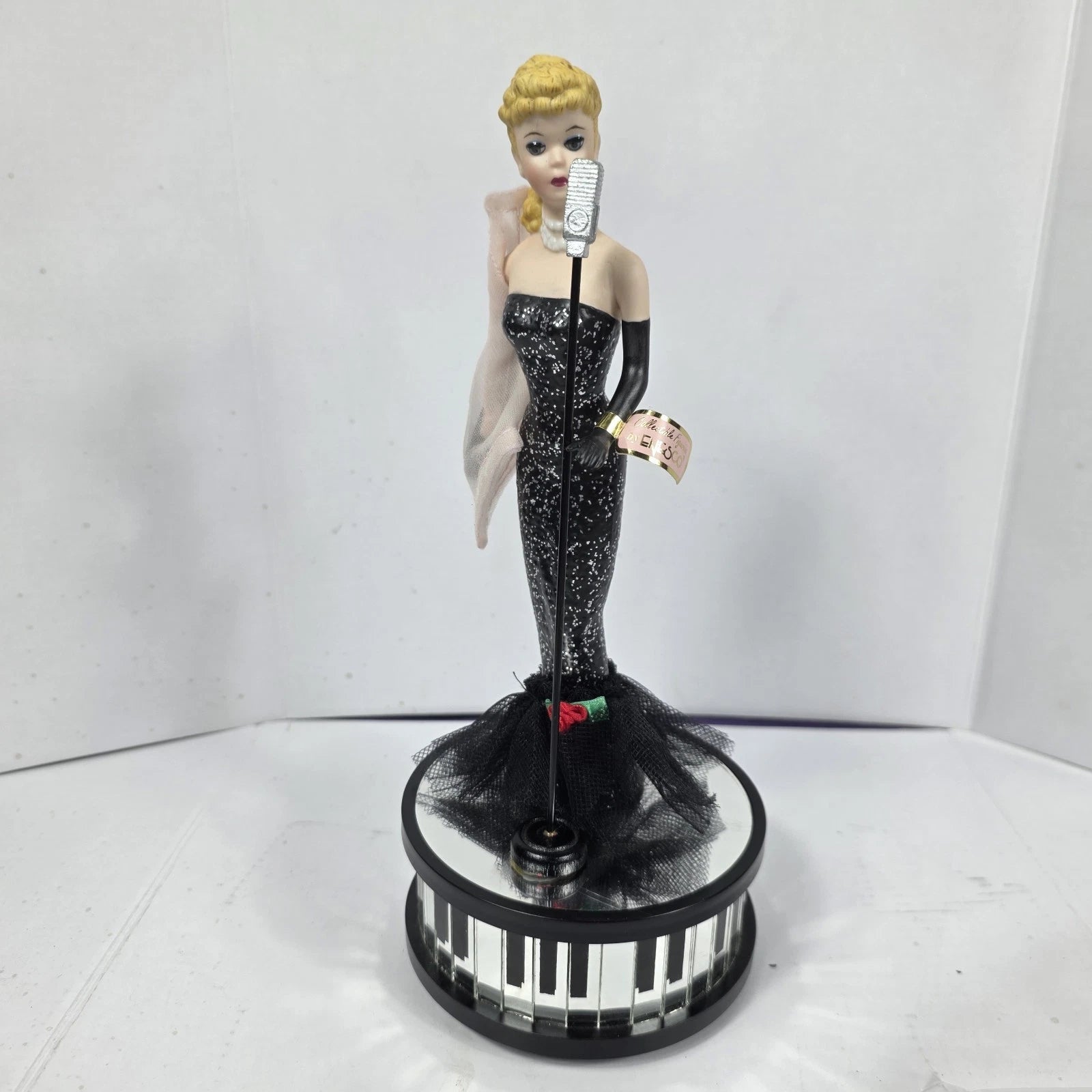 Enesco Barbie Glamour Collection porcelain bisque musical figurine in black glitter gown at vintage microphone on piano key base